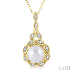 6.5 MM Cultured Pearl and 1/20 Ctw Round Cut Diamond Pendant With Chain in Yellow Gold Vermeil