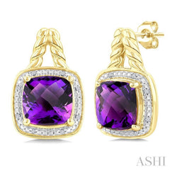 8 MM Cushion Shape Amethyst and 1/20 Ctw Round Cut Diamond Semi-Precious Earrings in Yellow Gold Vermeil