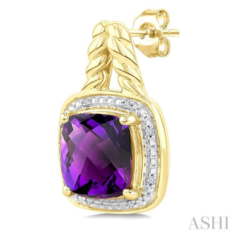 8 MM Cushion Shape Amethyst and 1/20 Ctw Round Cut Diamond Semi-Precious Earrings in Yellow Gold Vermeil