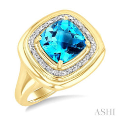 8 MM Cushion Shape Blue Topaz and 1/20 Ctw Round Cut Diamond Semi-Precious Ring in Yellow Gold Vermeil