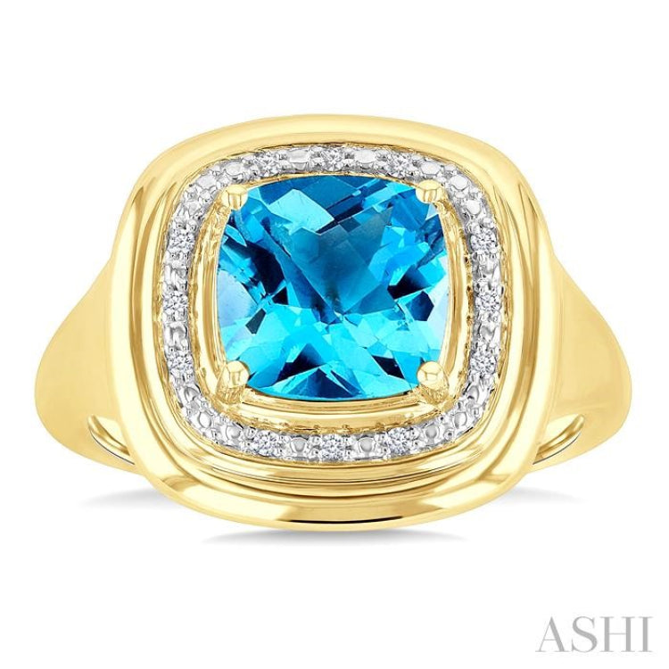 8 MM Cushion Shape Blue Topaz and 1/20 Ctw Round Cut Diamond Semi-Precious Ring in Yellow Gold Vermeil