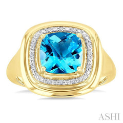 8 MM Cushion Shape Blue Topaz and 1/20 Ctw Round Cut Diamond Semi-Precious Ring in Yellow Gold Vermeil