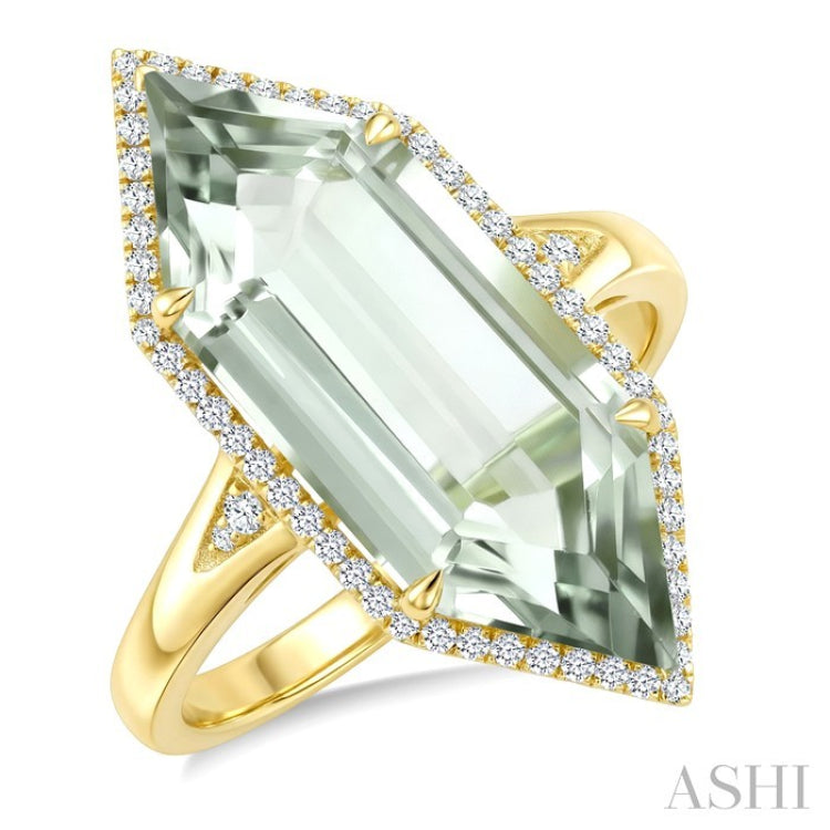 22X8 MM Evoque Gemstone Hexagon Shape Green Amethyst and 1/4 Ctw Round Cut Diamond Semi-Precious Ring in 14K Yellow Gold