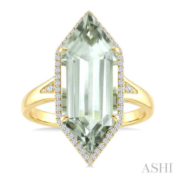 22X8 MM Evoque Gemstone Hexagon Shape Green Amethyst and 1/4 Ctw Round Cut Diamond Semi-Precious Ring in 14K Yellow Gold