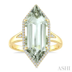 22X8 MM Evoque Gemstone Hexagon Shape Green Amethyst and 1/4 Ctw Round Cut Diamond Semi-Precious Ring in 14K Yellow Gold