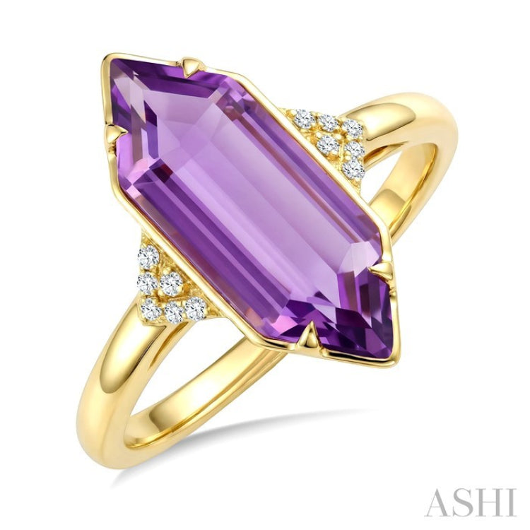 16X6 MM Evoque Gemstones Hexagon Shape Amethyst and 1/20 Ctw Round Cut Diamond Semi-Precious Ring in 10K Yellow Gold