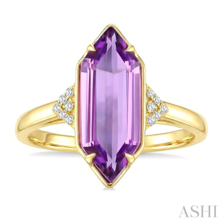 16X6 MM Evoque Gemstones Hexagon Shape Amethyst and 1/20 Ctw Round Cut Diamond Semi-Precious Ring in 10K Yellow Gold