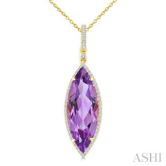 22X8 MM Evoque Gemstones Marquise Shape Amethyst and 1/4 Ctw Round Cut Diamond Semi-Precious Pendant With Chain in 14K Yellow Gold