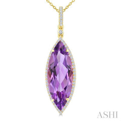 22X8 MM Evoque Gemstones Marquise Shape Amethyst and 1/4 Ctw Round Cut Diamond Semi-Precious Pendant With Chain in 14K Yellow Gold