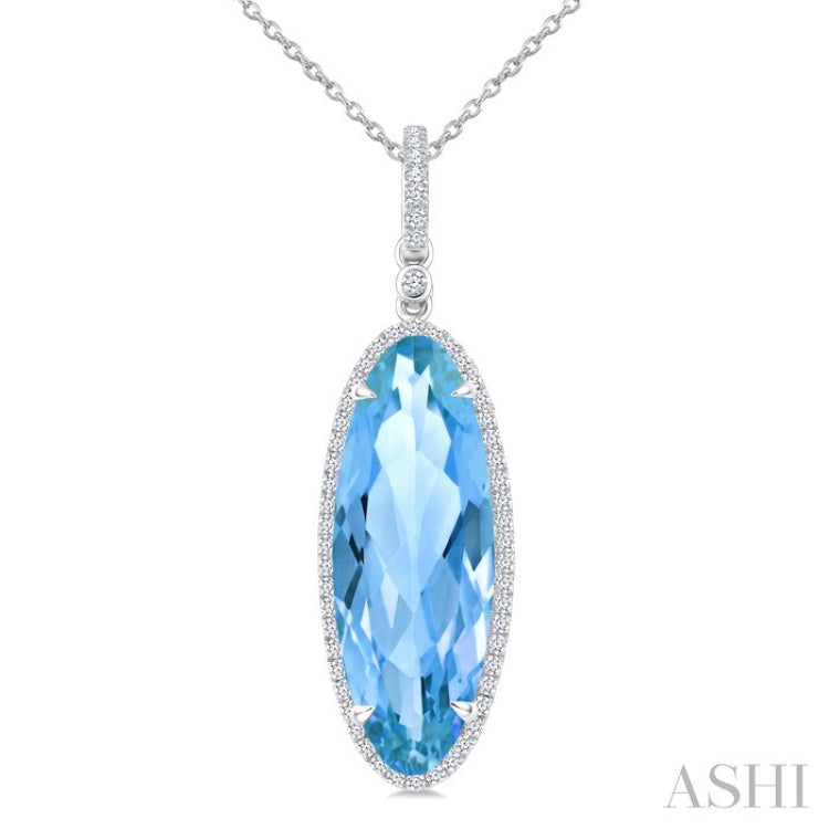 22X8 MM Evoque Gemstones Oval Shape Blue Topaz and 1/4 Ctw Round Cut Diamond Semi-Precious Pendant With Chain in 14K White Gold