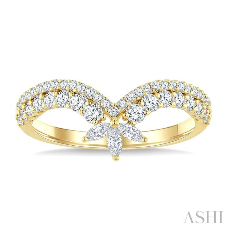 1/2 Ctw Twin Row Marquise and Round Cut Diamond Chevron Ring in 14K Yellow Gold