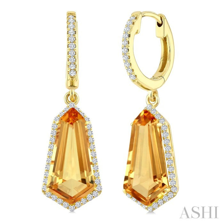 14X7 MM Evoque Gemstones Shield Shape Citrine and 3/8 Ctw Round Cut Diamond Semi-Precious Earrings in 14K Yellow Gold