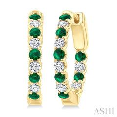 2.1 MM Round Shape Emerald and 1/2 Ctw Round Cut Diamond Inside & Outside Alternating Precious Hoop Earrings in 14K Yellow Gold
