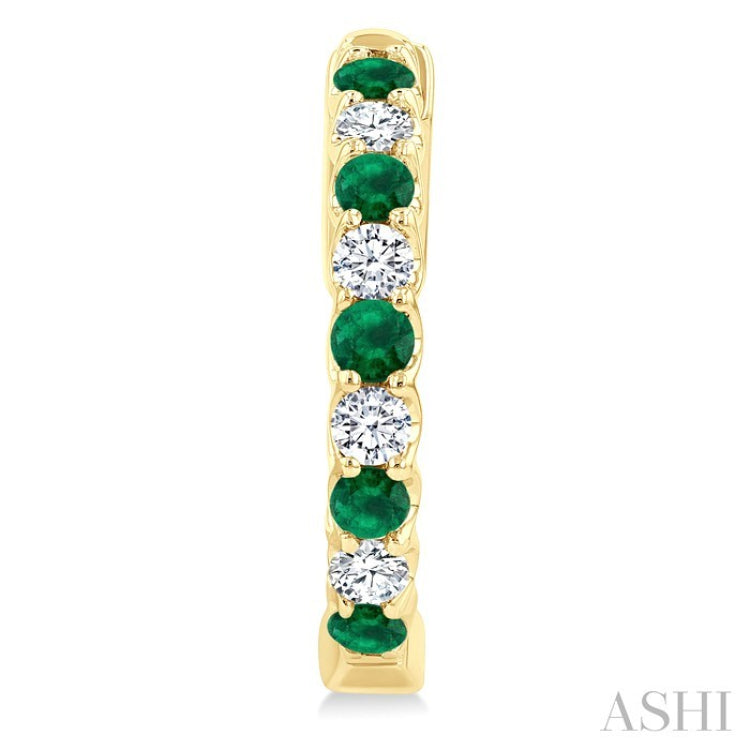 2.1 MM Round Shape Emerald and 1/2 Ctw Round Cut Diamond Inside & Outside Alternating Precious Hoop Earrings in 14K Yellow Gold