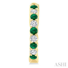 2.1 MM Round Shape Emerald and 1/2 Ctw Round Cut Diamond Inside & Outside Alternating Precious Hoop Earrings in 14K Yellow Gold
