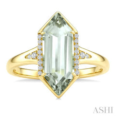 16X6 MM Evoque Gemstone Hexagon Shape Green Amethyst and 1/10 Ctw Round Cut Diamond Semi-Precious Ring in 10K Yellow Gold