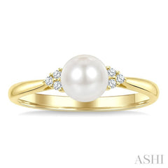 6 MM Cultured White Pearl and 1/20 Ctw Round Cut Diamond Fashion Ring in 10K Yellow Gold