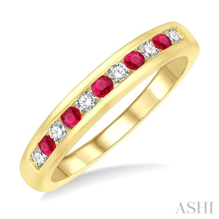 2 MM Round Shape Ruby and 1/5 Ctw Round Cut Diamond Precious Wedding Band in 14K Yellow Gold
