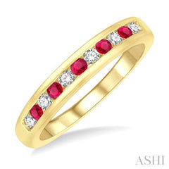 2 MM Round Shape Ruby and 1/5 Ctw Round Cut Diamond Precious Wedding Band in 14K Yellow Gold