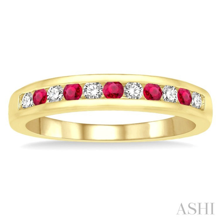 2 MM Round Shape Ruby and 1/5 Ctw Round Cut Diamond Precious Wedding Band in 14K Yellow Gold