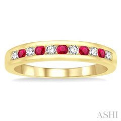 2 MM Round Shape Ruby and 1/5 Ctw Round Cut Diamond Precious Wedding Band in 14K Yellow Gold