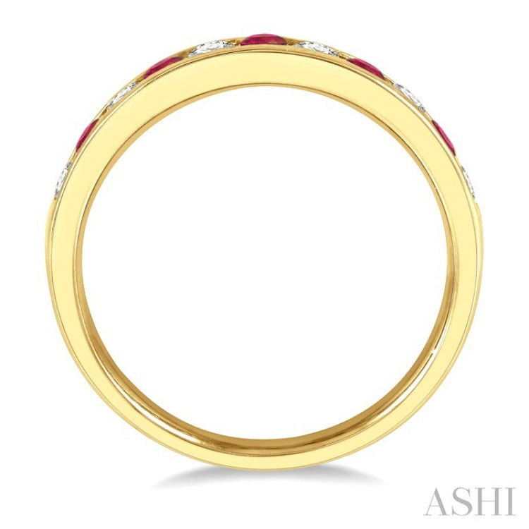2 MM Round Shape Ruby and 1/5 Ctw Round Cut Diamond Precious Wedding Band in 14K Yellow Gold