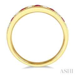 2 MM Round Shape Ruby and 1/5 Ctw Round Cut Diamond Precious Wedding Band in 14K Yellow Gold