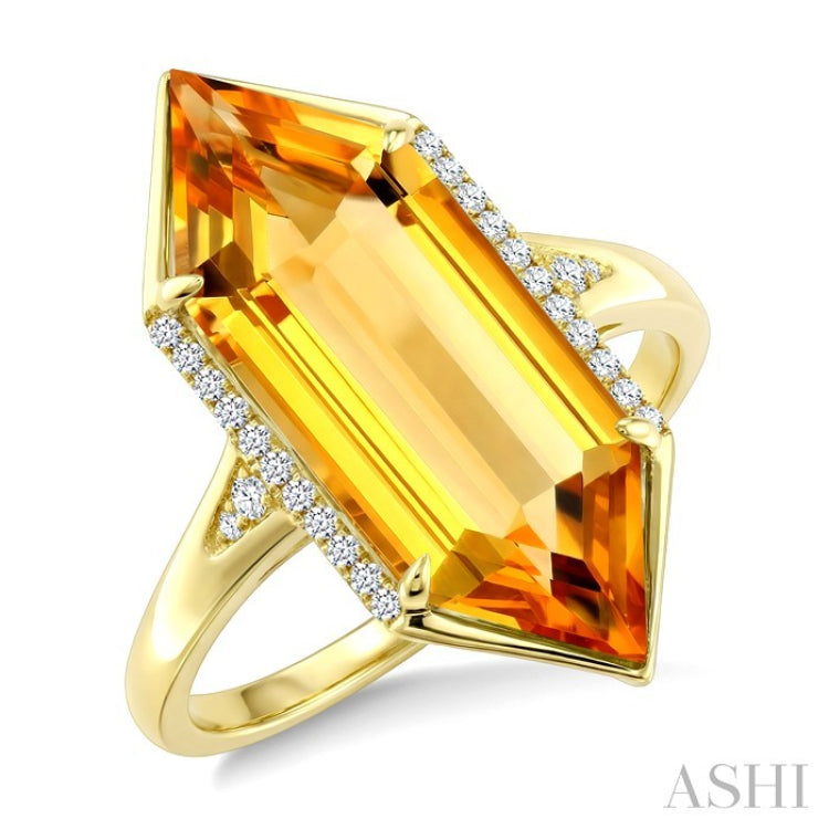 22X8 MM Evoque Gemstone Hexagon Shape Citrine and 1/10 Ctw Round Cut Diamond Semi-Precious Ring in 14K Yellow Gold