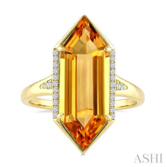 22X8 MM Evoque Gemstone Hexagon Shape Citrine and 1/10 Ctw Round Cut Diamond Semi-Precious Ring in 14K Yellow Gold
