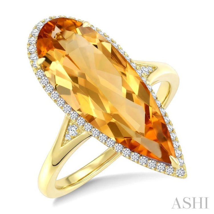22X8 MM Evoque Gemstone Pear Shape Citrine and 1/5 Ctw Round Cut Diamond Semi-Precious Ring in 14K Yellow Gold