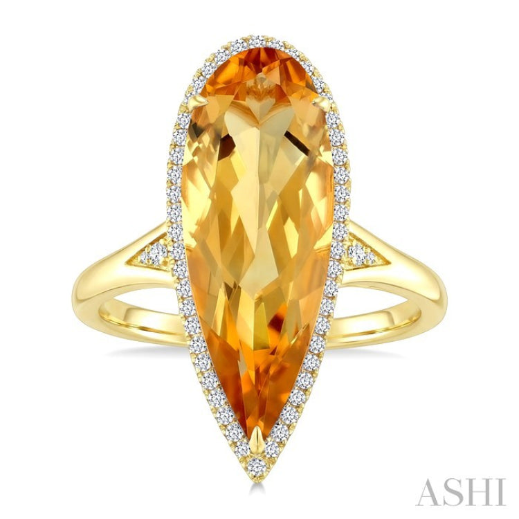 22X8 MM Evoque Gemstone Pear Shape Citrine and 1/5 Ctw Round Cut Diamond Semi-Precious Ring in 14K Yellow Gold