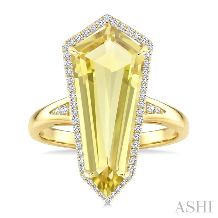 22X9 MM Evoque Gemstones Shield Shape Lemon Quartz and 1/4 Ctw Round Cut Diamond Semi-Precious Ring in 14K Yellow Gold