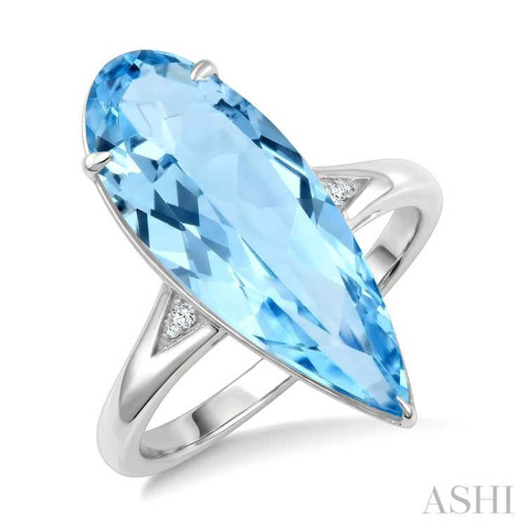 22X8 MM Evoque Gemstones Pear Shape Blue Topaz and 1/50 Ctw Round Cut Diamond Semi-Precious Ring in 14K White Gold