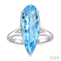 22X8 MM Evoque Gemstones Pear Shape Blue Topaz and 1/50 Ctw Round Cut Diamond Semi-Precious Ring in 14K White Gold