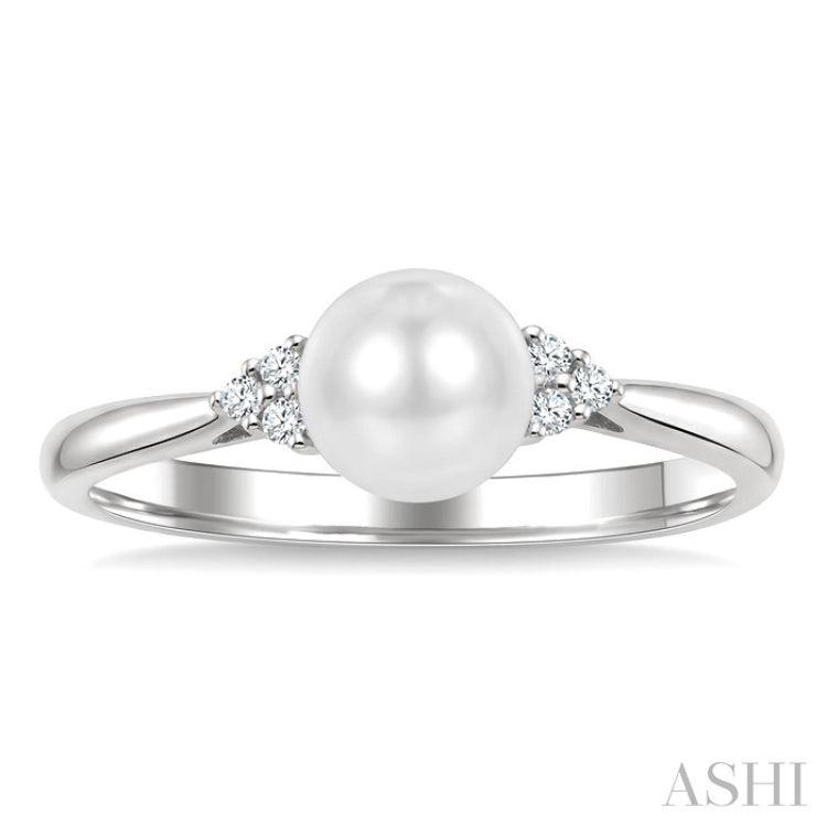 6 MM Cultured White Pearl and 1/20 Ctw Round Cut Diamond Fashion Ring in 10K White Gold
