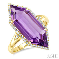 22X8 MM Evoque Gemstones Hexagon Shape Amethyst and 1/4 Ctw Round Cut Diamond Semi-Precious Ring in 14K Yellow Gold