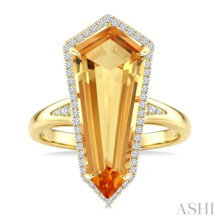 22X9 MM Evoque Gemstone Shield Shape Citrine and 1/4 Ctw Round Cut Diamond Semi-Precious Ring in 14K Yellow Gold