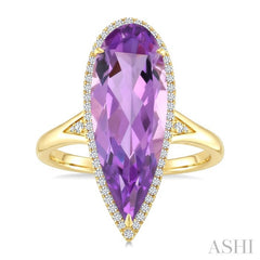 22X8 MM Evoque Gemstones Pear Shape Amethyst and 1/5 Ctw Round Cut Diamond Semi-Precious Ring in 14K Yellow Gold