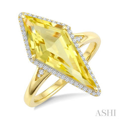 22X9 MM Evoque Gemstones Kite Shape Lemon Quartz and 1/5 Ctw Round Cut Diamond Semi-Precious Ring in 14K Yellow Gold