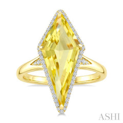 22X9 MM Evoque Gemstones Kite Shape Lemon Quartz and 1/5 Ctw Round Cut Diamond Semi-Precious Ring in 14K Yellow Gold
