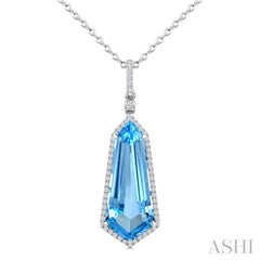 22X9 MM Evoque Gemstones Shield Shape Blue Topaz and 1/4 Ctw Round Cut Diamond Semi-Precious Pendant With Chain in 14K White Gold