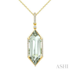 22X8 MM Evoque Gemstone Hexagon Shape Green Amethyst and 1/6 Ctw Round Cut Diamond Semi-Precious Pendant With Chain in 14K Yellow Gold