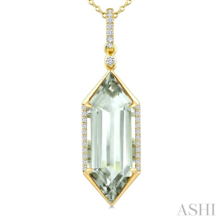 22X8 MM Evoque Gemstone Hexagon Shape Green Amethyst and 1/6 Ctw Round Cut Diamond Semi-Precious Pendant With Chain in 14K Yellow Gold