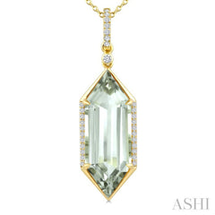 22X8 MM Evoque Gemstone Hexagon Shape Green Amethyst and 1/6 Ctw Round Cut Diamond Semi-Precious Pendant With Chain in 14K Yellow Gold