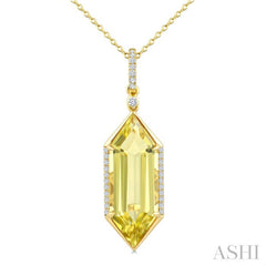 22X8 MM Evoque Gemstones Hexagon Shape Lemon Quartz and 1/6 Ctw Round Cut Diamond Semi-Precious Pendant With Chain in 14K Yellow Gold