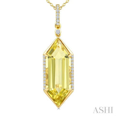 22X8 MM Evoque Gemstones Hexagon Shape Lemon Quartz and 1/6 Ctw Round Cut Diamond Semi-Precious Pendant With Chain in 14K Yellow Gold