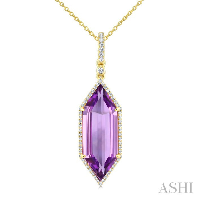 22X8 MM Evoque Gemstones Hexagon Shape Amethyst and 1/4 Ctw Round Cut Diamond Semi-Precious Pendant With Chain in 14K Yellow Gold