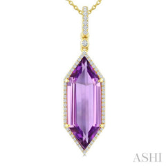 22X8 MM Evoque Gemstones Hexagon Shape Amethyst and 1/4 Ctw Round Cut Diamond Semi-Precious Pendant With Chain in 14K Yellow Gold