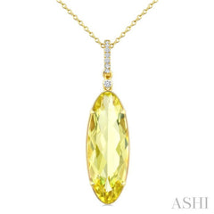 22X8 MM Evoque Gemstones Oval Shape Lemon Quartz and 1/20 Ctw Round Cut Diamond Semi-Precious Pendant With Chain in 14K Yellow Gold