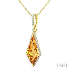 16X7 MM Evoque Gemstone Kite Shape Citrine and 1/5 Ctw Round Cut Diamond Semi-Precious Pendant With Chain in 10K Yellow Gold